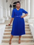 Plus Size fashion Career women's summer fashion Chic V-neck solid color pleated office dress