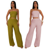Women Sexy Pleated Strapless Top and Pants Two-piece Set