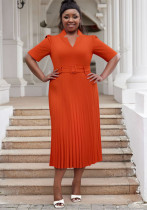 Plus Size Women's Office Summer Short Sleeve Fashion V-Neck High Waist Chic Pleated Long Dress Plus Size Women's Office Summer Short Sleeve Fashion V-Neck High Waist Chic Pleated Long Dress