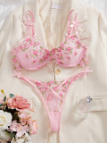 Spring Summer sexy lingerie sweet mesh floral embroidery two piece set