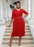 Plus Size fashion Career women's summer fashion Chic V-neck solid color pleated office dress