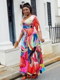 Plus Size Women's V-Neck Half-Sleeve Slit Bohemian Beach Long Dress