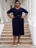Plus Size fashion Career women's summer fashion Chic V-neck solid color pleated office dress