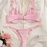 Spring Summer sexy lingerie sweet mesh floral embroidery two piece set