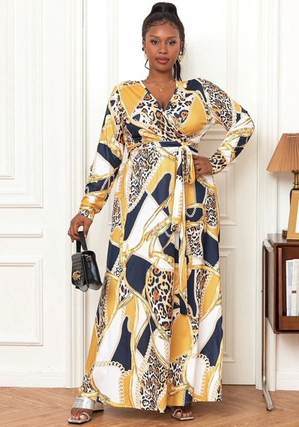 Plus Size Women's Sexy V-Neck Long Sleeve Bohemian Beach Long Dress