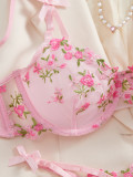 Spring Summer sexy lingerie sweet mesh floral embroidery two piece set
