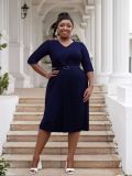 Plus Size fashion Career women's summer fashion Chic V-neck solid color pleated office dress