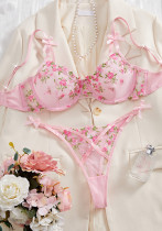 Spring Summer sexy lingerie sweet mesh floral embroidery two piece set