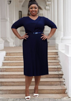 Plus Size fashion Career women's summer fashion Chic V-neck solid color pleated office dress Plus Size fashion Career women's summer fashion Chic V-neck solid color pleated office dress