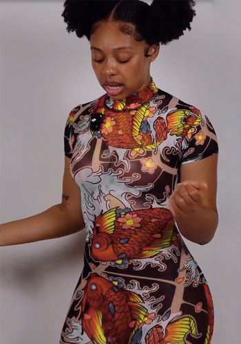 Summer fashion print mesh sexy high waist Low Back Jumpsuit