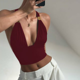 Women's summer sexy deep v metal decoration Halter Neck Low Back slim strap Vest