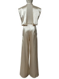 Summer women's clothing solid color Stand Collar sleeveless loose satin Low Back wide-leg jumpsuit
