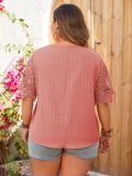 Summer Plus Size T-shirt solid color short-sleeved hollow print v-neck top