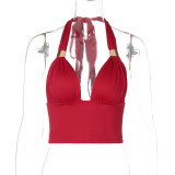 Women's summer sexy deep v metal decoration Halter Neck Low Back slim strap Vest
