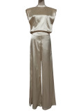 Summer women's clothing solid color Stand Collar sleeveless loose satin Low Back wide-leg jumpsuit