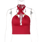 Women's summer sexy deep v metal decoration Halter Neck Low Back slim strap Vest