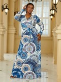 Plus Size Women's Sexy V-Neck Long Sleeve Bohemian Beach Long Dress