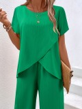 Summer women's clothing short-sleeved pullover Round Neck loose Casual irregular two piece Pants set