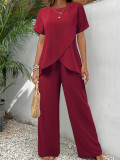 Summer women's clothing short-sleeved pullover Round Neck loose Casual irregular two piece Pants set