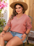 Summer Plus Size T-shirt solid color short-sleeved hollow print v-neck top