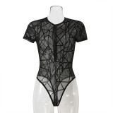 Women black high-neck long-sleeved mesh geometric velvet beaded crotch sexy one-piece pajamas sexy lingerie
