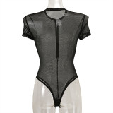 Women black high-neck long-sleeved mesh geometric velvet beaded crotch sexy one-piece pajamas sexy lingerie