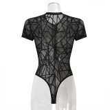 Women black high-neck long-sleeved mesh geometric velvet beaded crotch sexy one-piece pajamas sexy lingerie