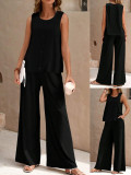 Women Round Neck Sleeveless Top and Pants Two-piece Set
