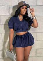 Women Casual Zipper Crop Top and Lantern Skirt Two-Piece Set