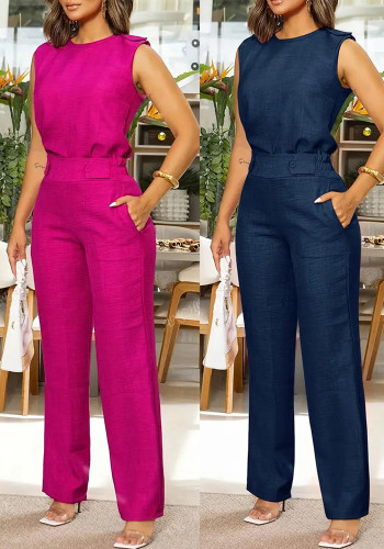 Women Casual Elegant Sleeveless Top and pocket button trousers two-piece set