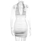 Women Halter Neck lace crop pleated v-neck top and Skirt two-piece set sexy