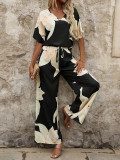Women Summer Printed V-Neck Bat Sleeves Top and Long Pants Two-Piece Set