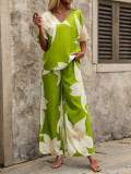 Women Summer Printed V-Neck Bat Sleeves Top and Long Pants Two-Piece Set