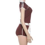 Women Spring Summer Sexy Short Sleeve Top and Shorts Two-Piece Set
