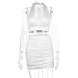 Women Halter Neck lace crop pleated v-neck top and Skirt two-piece set sexy