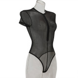 Women black high-neck long-sleeved mesh geometric velvet beaded crotch sexy one-piece pajamas sexy lingerie