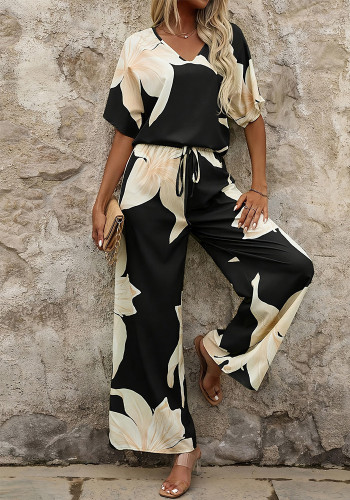Women Summer Printed V-Neck Bat Sleeves Top and Long Pants Two-Piece Set