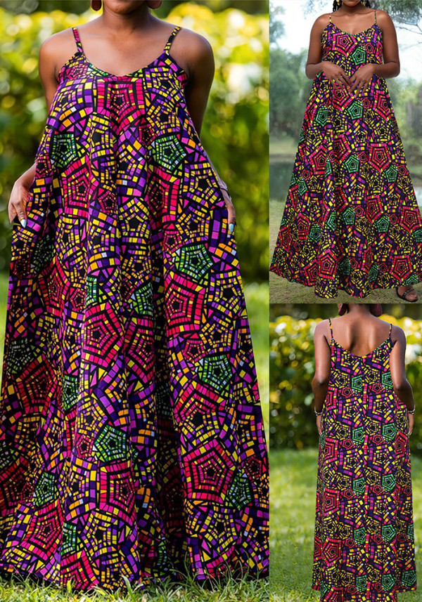 Plus Size Women Elegant Suspender Print Dress