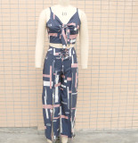 Women Printed Suspender Top and Wide Leg Pants Two-piece Set