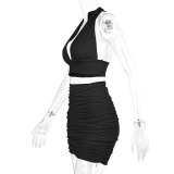 Women Halter Neck lace crop pleated v-neck top and Skirt two-piece set sexy