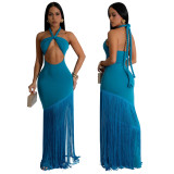 Women's Summer Tassel Patchwork Halter Strapless Bodycon Dress