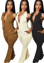 Women's Solid Color Sexy Low Back Halter Neck Turndown Collar Jumpsuit