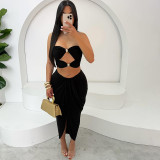 Summer Hollow Low Back Strapless Top and High Waist Solid Color Slit Skirt Set for Women