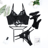 Flower Embroidery Solid Color Patchwork Lace-Up Three-Piece Sexy Lingerie Set