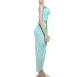 Summer Hollow Low Back Strapless Top and High Waist Solid Color Slit Skirt Set for Women