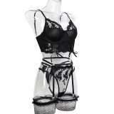 Flower Embroidery Solid Color Patchwork Lace-Up Three-Piece Sexy Lingerie Set