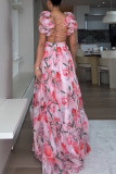 Spring/Summer Chiffon Ruffle Print Pleated Holiday Dress for Women