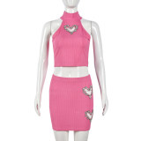 Women's Heart Rhinestone Hollow Crop Vest Short Skirt Casual Fashion Two Piece Set