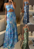 Spring/Summer Halter Neck Print Pleated Casual Loose Holiday Dress for Women