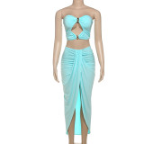 Summer Hollow Low Back Strapless Top and High Waist Solid Color Slit Skirt Set for Women